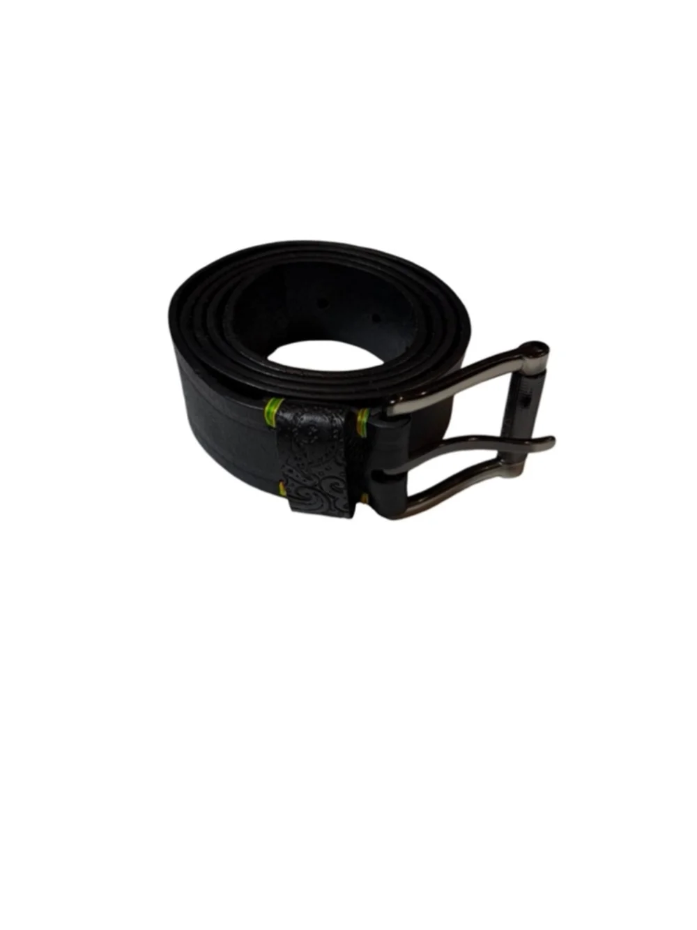 Robert Graham Black Leather Belt Embossed Keeper Gunmetal Buckle Size 42